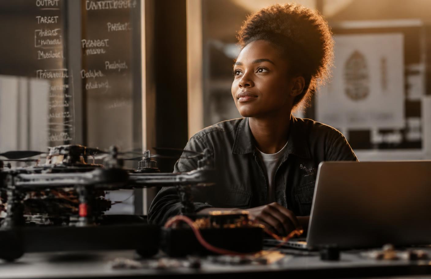 Jeune femme africaine dans un environnement d’innovation et de technologie