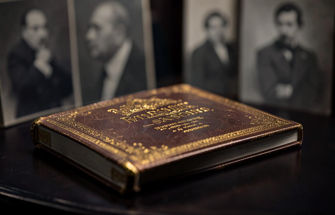 Livre d’or relié et doré posé sur une table sombre