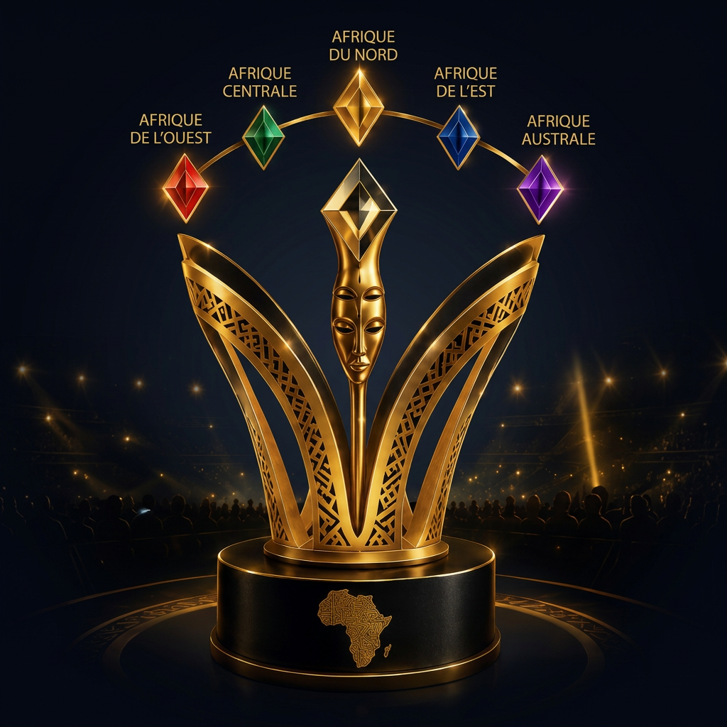 Trophée doré de l’Excellence Africaine entouré des cinq régions du continent représentées par des pierres colorées