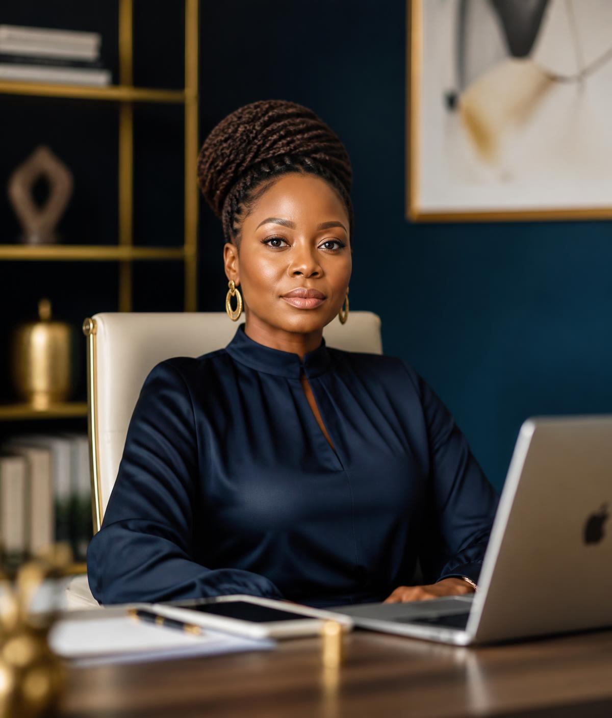 Femme africaine dirigeante et entrepreneure dans un bureau contemporain